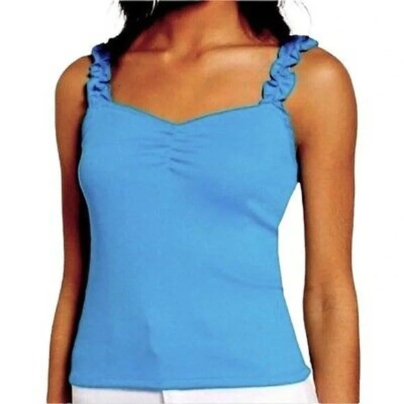 BP Women's Ruffle Strap Ruched Rib Knit Blue Tank Top Medium NWT - Picture 1 of 5